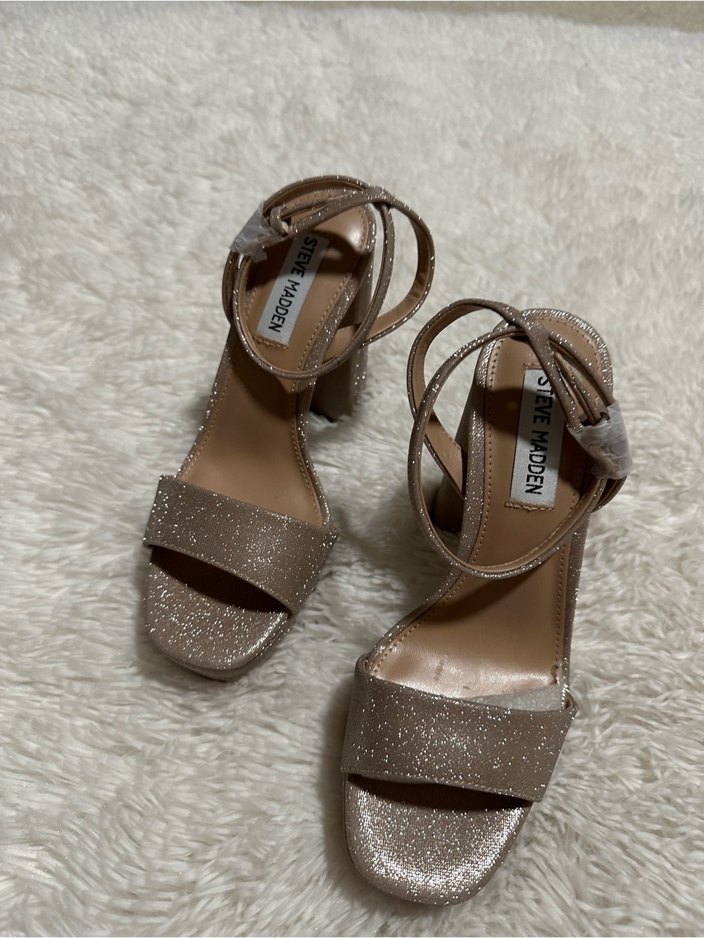 Steve Madden Glitter Ankle-Strap Block Heels in Taupe